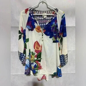 Women's Floral V-Neck Blouse - White with Multicolor Print